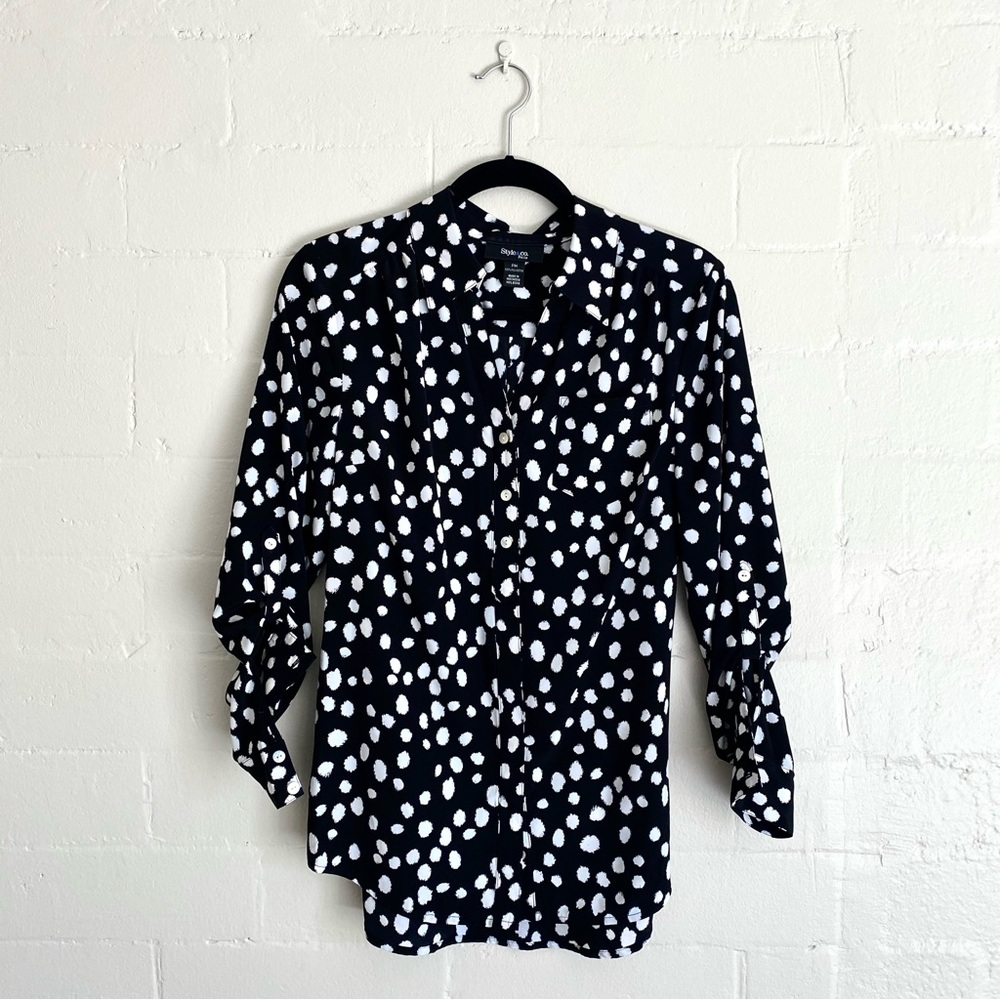 Style&Co. Long Sleeve Shirt, Black, White Spots, Petite Medium, Button Down